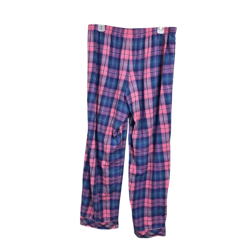 Victoria's Secret Pajama Set Women L Pink Blue Plaid Flannel Button Lounge Cozy